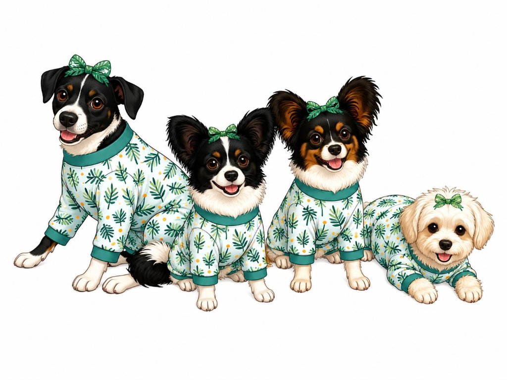 Tammy's four adorable office dogs dressed in matching palm tree pajamas