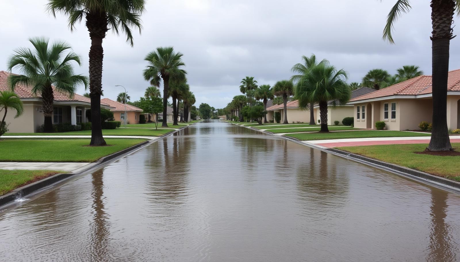 Floodwater covering a residential street in a Florida neighborhood after a heavy storm