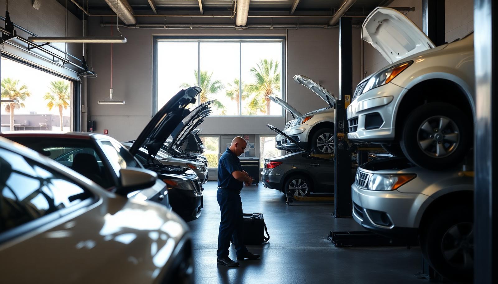 Florida auto repair shop with customer vehicles on lifts, protected by garage liability insurance