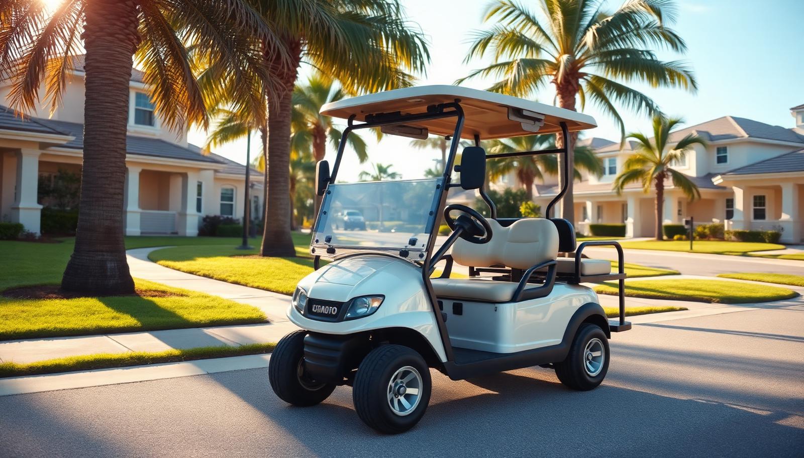 Golf cart parked on a street in a sunny Florida residential community lined with palm trees