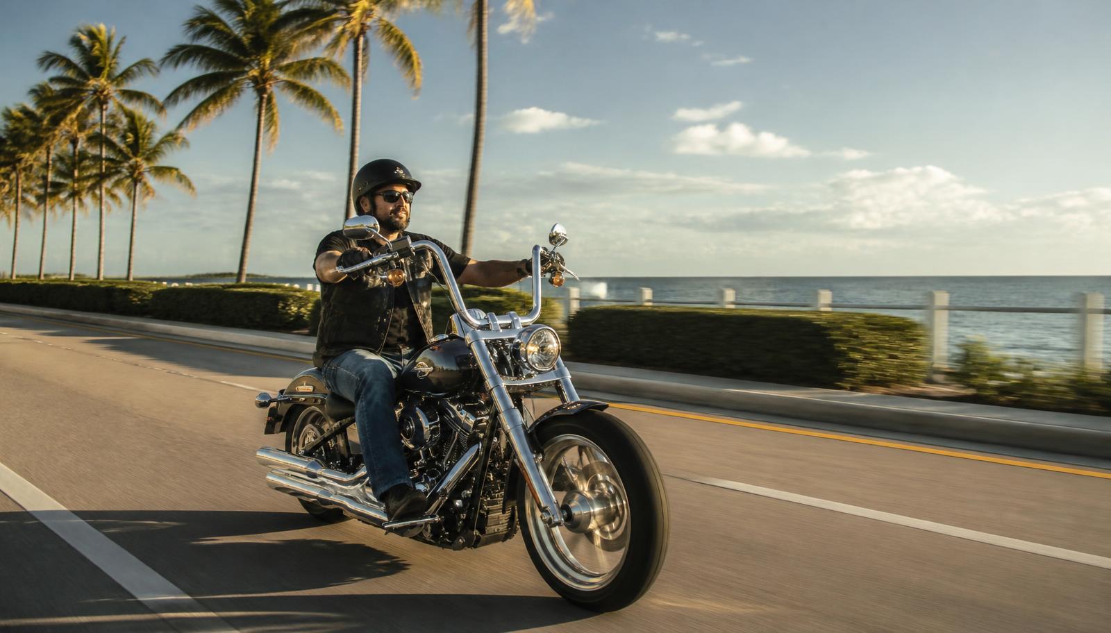 Motorcycle rider cruising a sunny South Florida coastal highway lined with palm trees