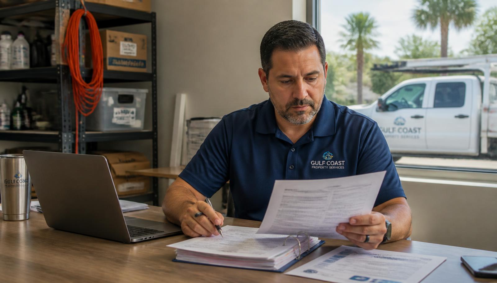 Florida business owner reviewing commercial insurance coverage limits at a desk