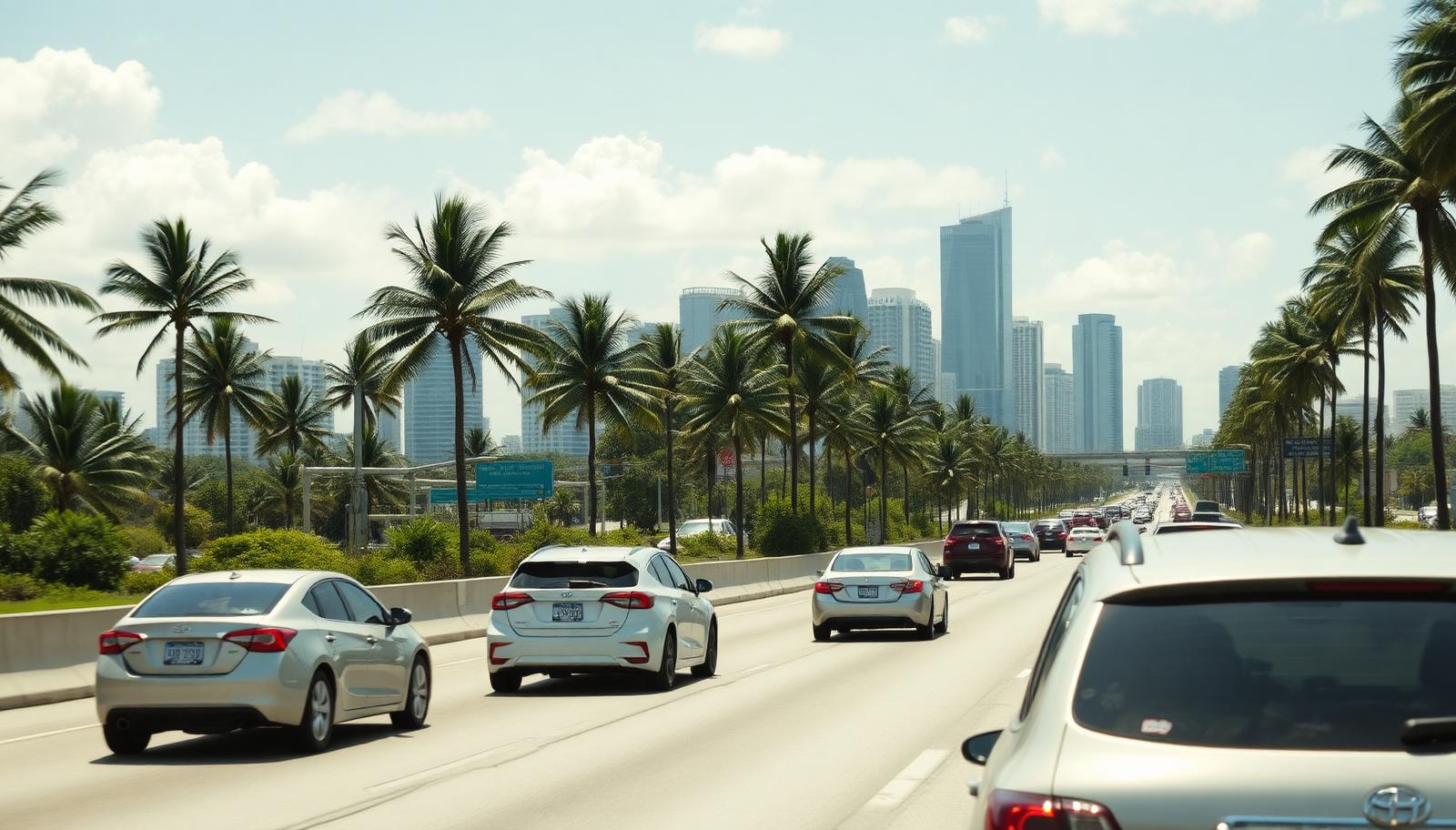 Traffic on a Miami highway with the downtown skyline in the background