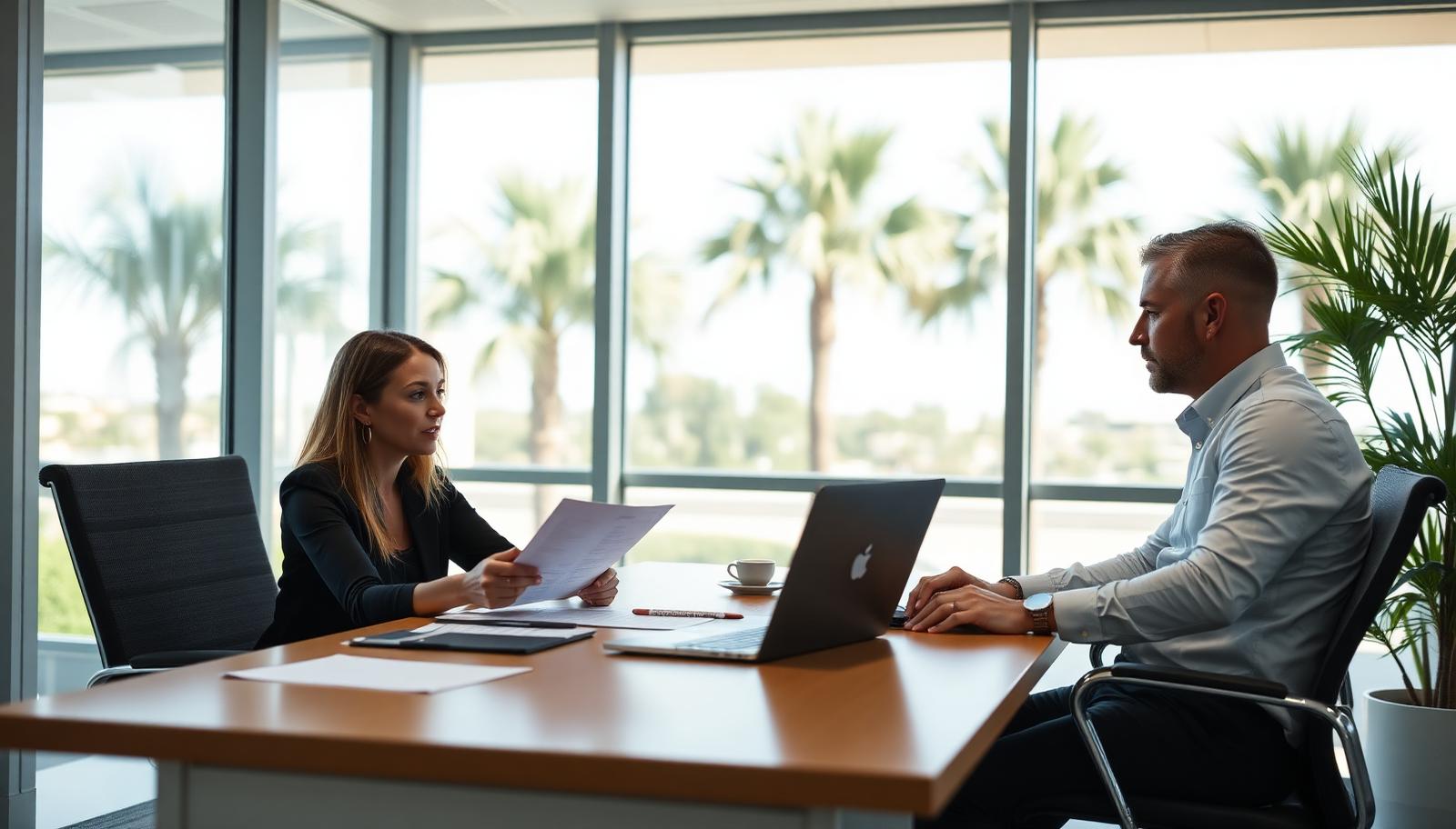 Florida business owner reviewing professional liability and general liability insurance options with an agent