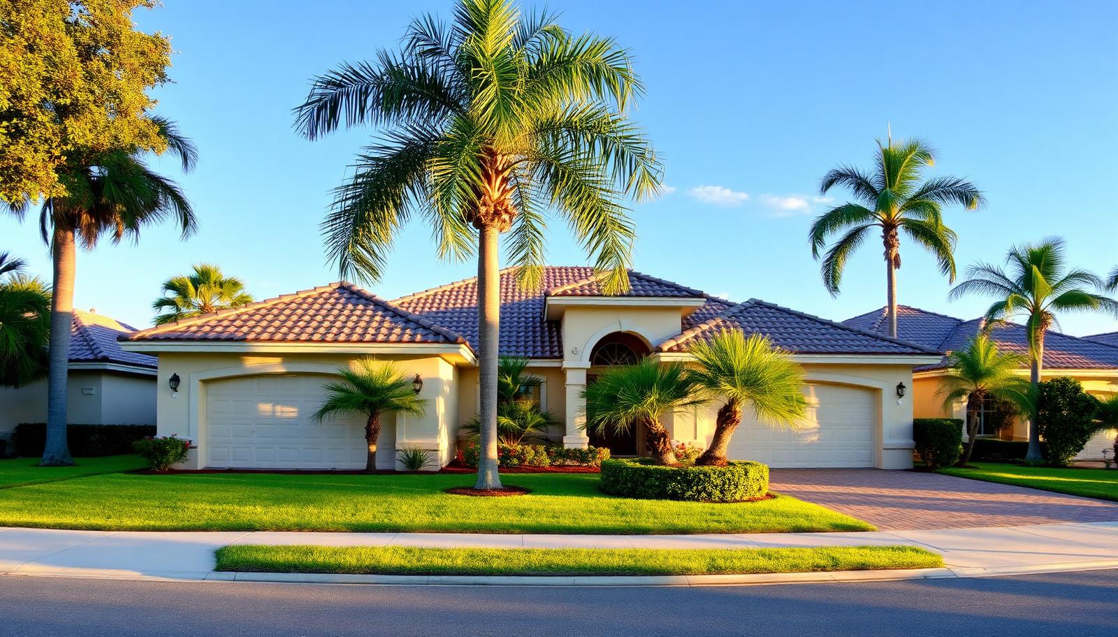 Florida single-family home with a tile roof and palm trees protected by homeowners insurance